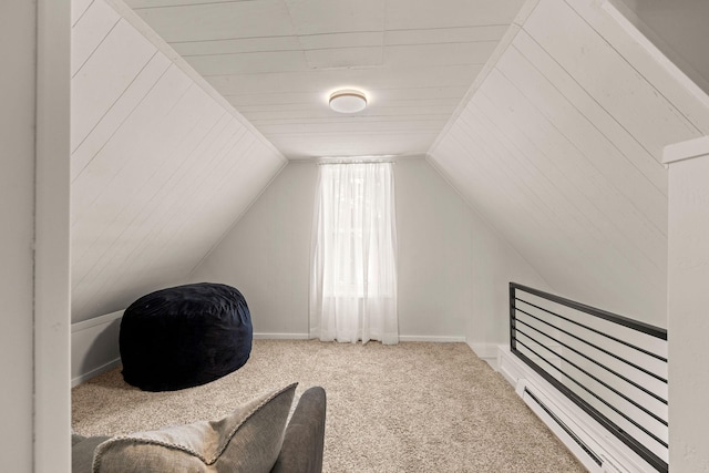 sitting room featuring vaulted ceiling, carpet floors, and a baseboard heating unit