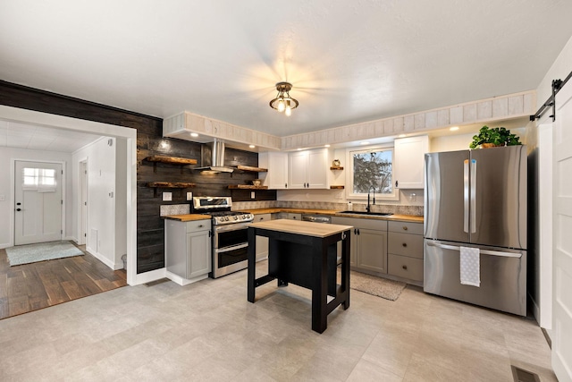 kitchen with sink, wooden counters, gray cabinetry, stainless steel appliances, and a barn door