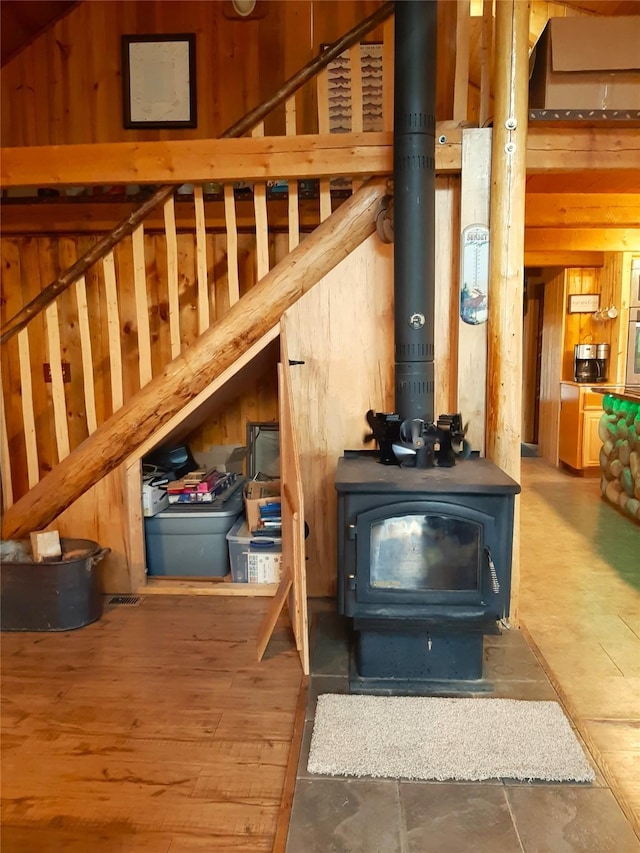 interior space featuring a wood stove