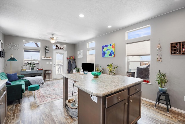 kitchen featuring a healthy amount of sunlight, dark brown cabinets, a center island, and wood-type flooring