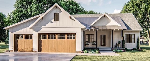 modern farmhouse with a garage, covered porch, and a front lawn