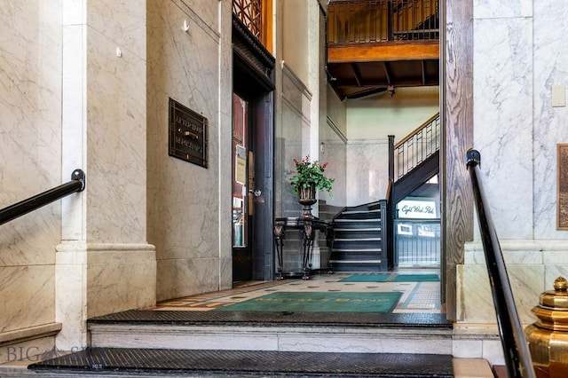 stairs with a towering ceiling