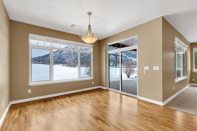 unfurnished dining area with a mountain view, plenty of natural light, and hardwood / wood-style floors