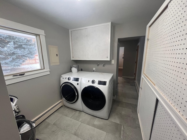 laundry room featuring cabinets, a baseboard radiator, electric panel, and independent washer and dryer