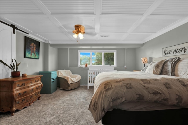 bedroom featuring coffered ceiling, carpet flooring, and ceiling fan