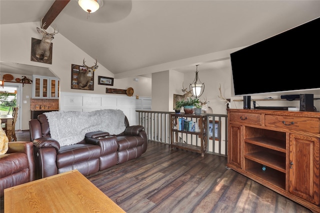 living room with dark wood-type flooring, vaulted ceiling with beams, and ceiling fan