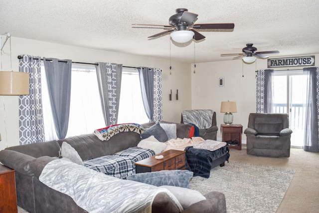 carpeted living room featuring a textured ceiling