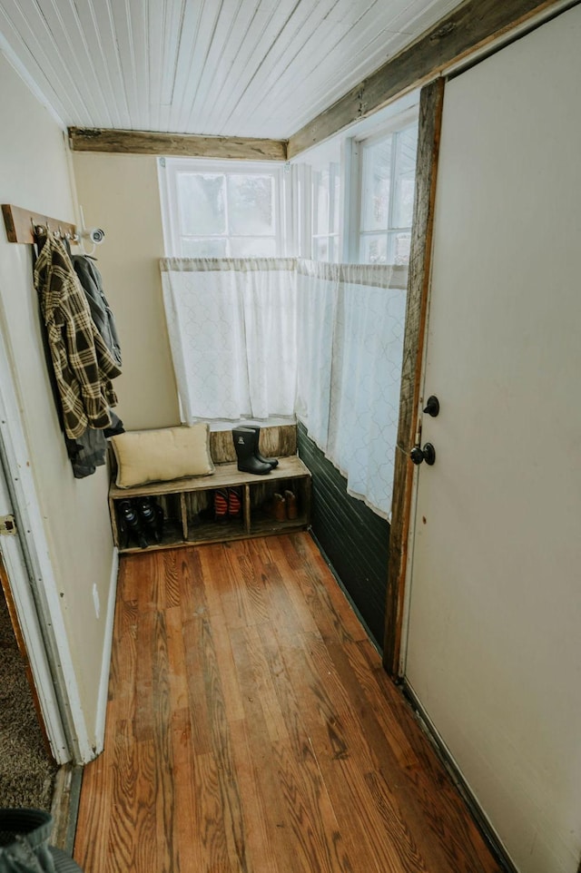 mudroom featuring hardwood / wood-style flooring and wooden ceiling