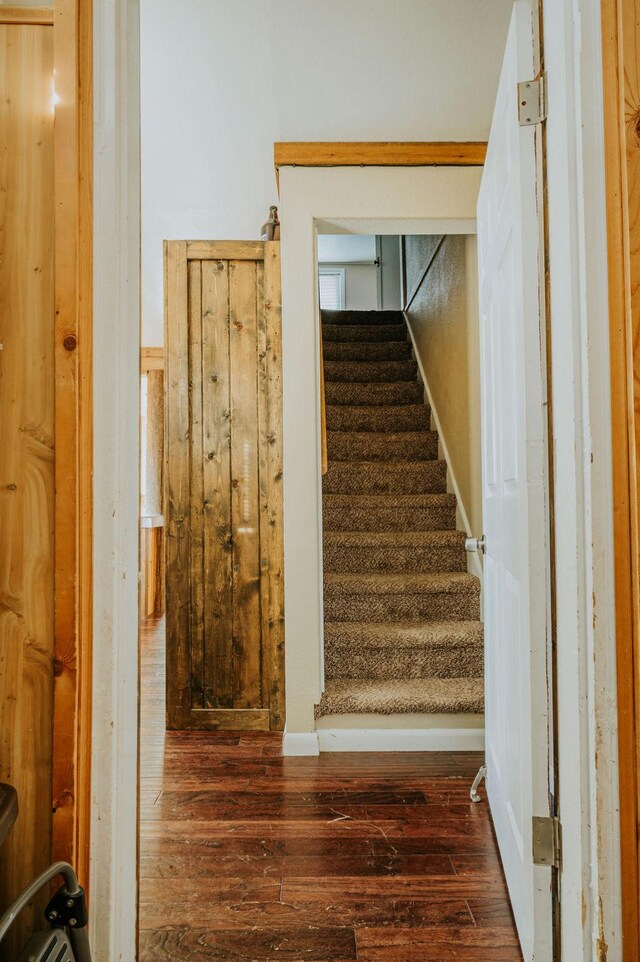 stairway featuring hardwood / wood-style flooring