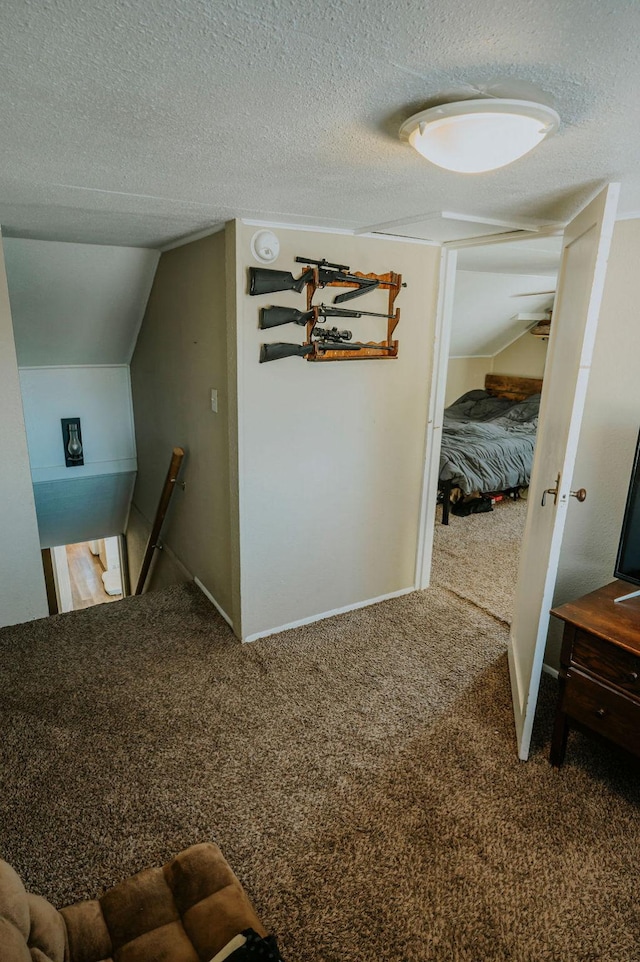 hall with lofted ceiling, a textured ceiling, and carpet