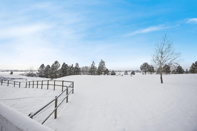 yard layered in snow with a rural view