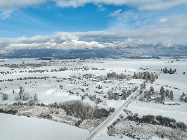 snowy aerial view with a mountain view