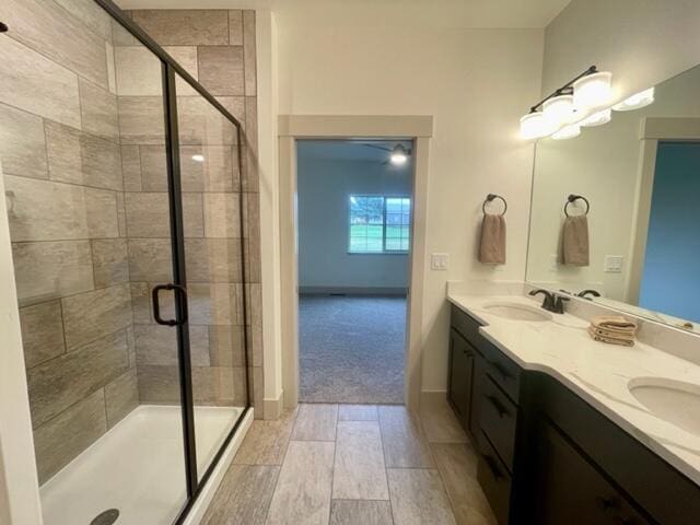 bathroom with vanity and a shower with shower door