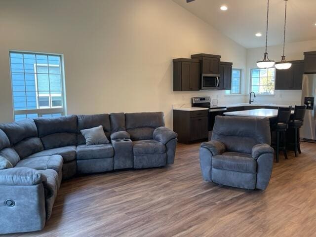 living room with sink, hardwood / wood-style flooring, and high vaulted ceiling