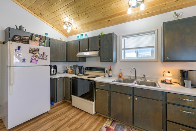 kitchen featuring wooden ceiling, under cabinet range hood, a sink, freestanding refrigerator, and electric range oven