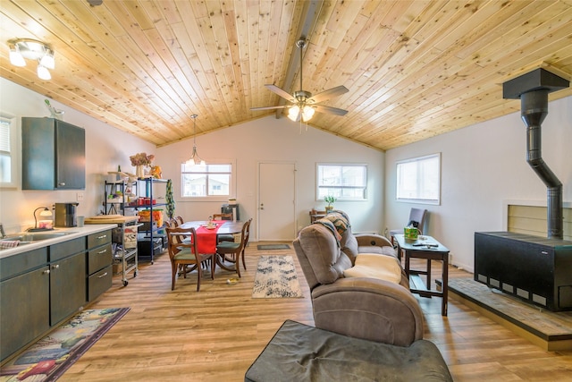 living room featuring a wealth of natural light, light hardwood / wood-style floors, sink, and a wood stove