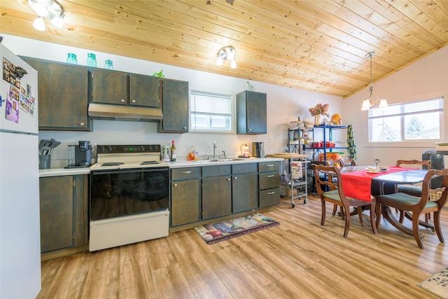 kitchen featuring white appliances, wooden ceiling, light wood-style flooring, under cabinet range hood, and a sink