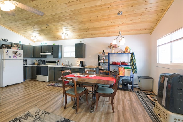 dining room with lofted ceiling, wooden ceiling, light wood-style flooring, and ceiling fan