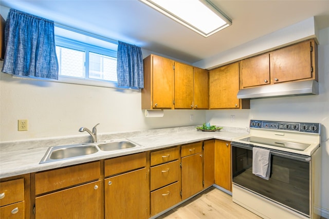 kitchen with range with electric cooktop, sink, and light hardwood / wood-style flooring