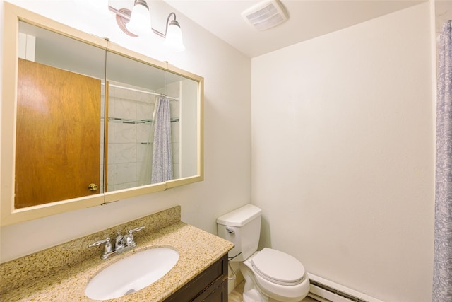 bathroom with baseboard heating, vanity, toilet, and a shower with shower curtain