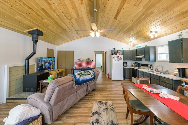 living room with sink, vaulted ceiling, a wood stove, wooden ceiling, and light hardwood / wood-style floors