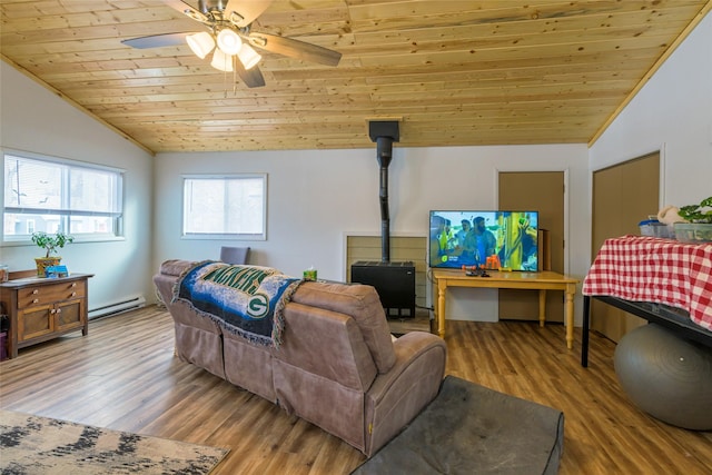 living room with hardwood / wood-style floors, wood ceiling, a baseboard radiator, and vaulted ceiling