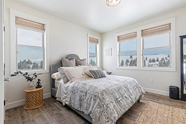 bedroom with dark hardwood / wood-style floors and multiple windows