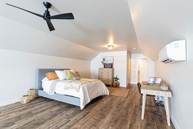 bedroom featuring lofted ceiling, dark wood-type flooring, and ceiling fan