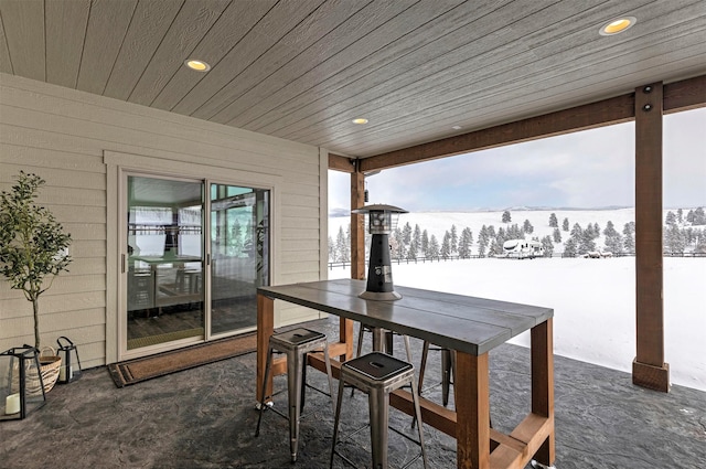 exterior space featuring a mountain view and a patio