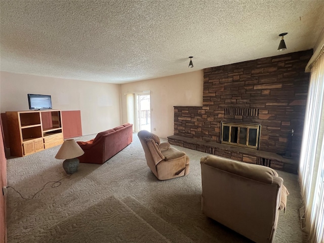 carpeted living room with a textured ceiling and a stone fireplace