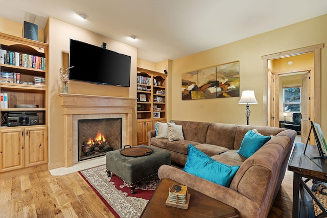 living room with a fireplace and light hardwood / wood-style floors