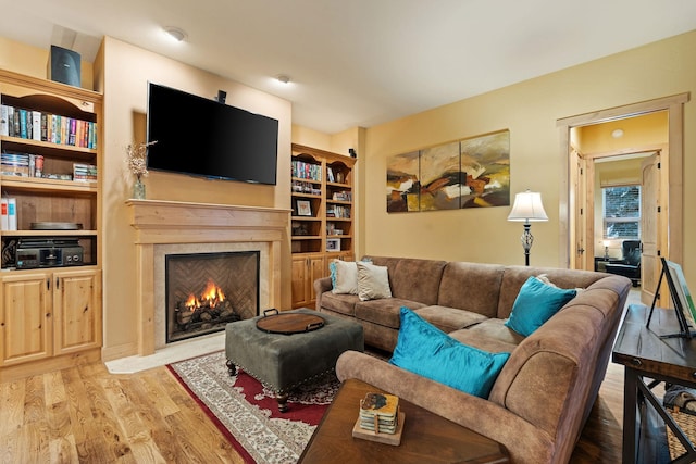 107 Whitetail Ct, Bigfork, MT 59911 - living area featuring wood finished floors, a premium fireplace, and built in features