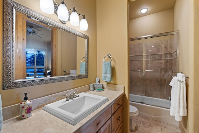 full bathroom with tile patterned flooring, enclosed tub / shower combo, vanity, ceiling fan, and toilet