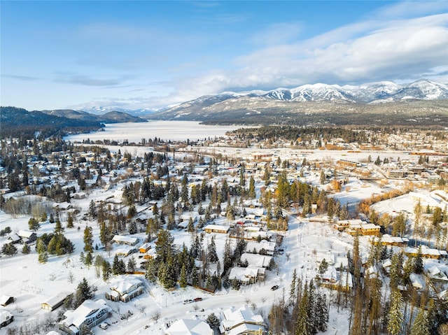 snowy aerial view with a mountain view