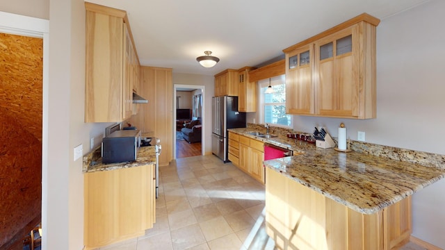 kitchen with sink, light brown cabinets, light stone countertops, and appliances with stainless steel finishes