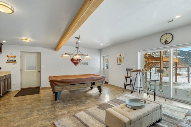 recreation room featuring beam ceiling and billiards