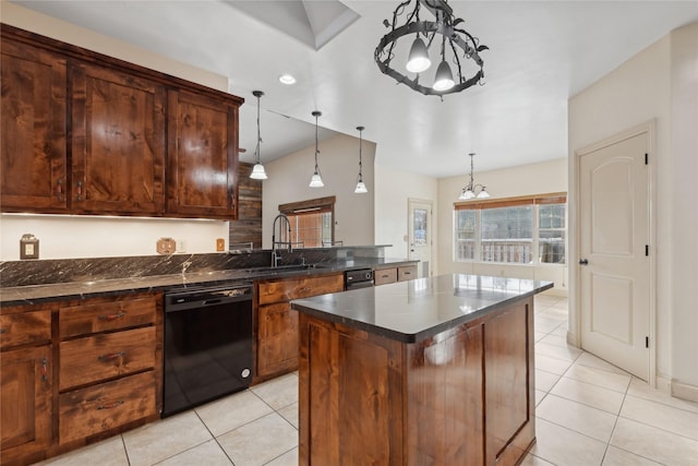 kitchen featuring light tile patterned floors, a notable chandelier, a kitchen island, a sink, and dishwasher