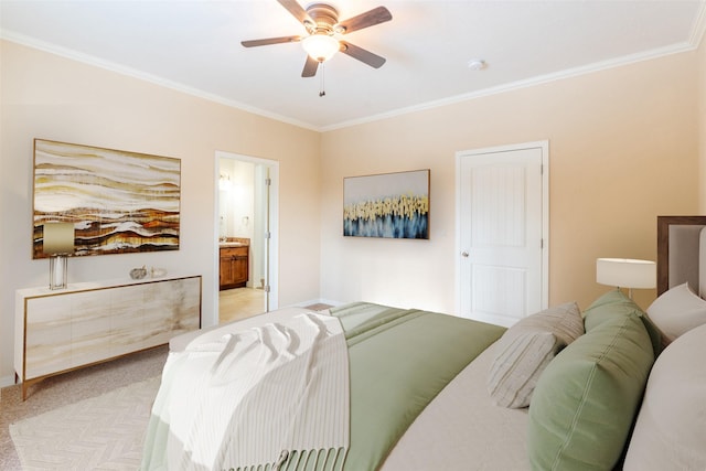 28 Talbot Pines Loop, Columbia Falls, MT 59912 - bedroom featuring crown molding, light colored carpet, connected bathroom, and a ceiling fan