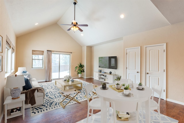 28 Talbot Pines Loop, Columbia Falls, MT 59912 - dining space featuring high vaulted ceiling, ceiling fan, and dark wood-style floors