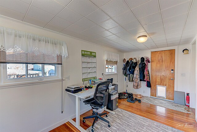 office area with baseboards and wood finished floors