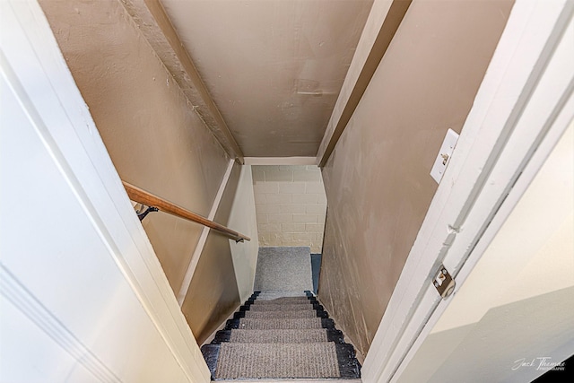 stairway with concrete block wall