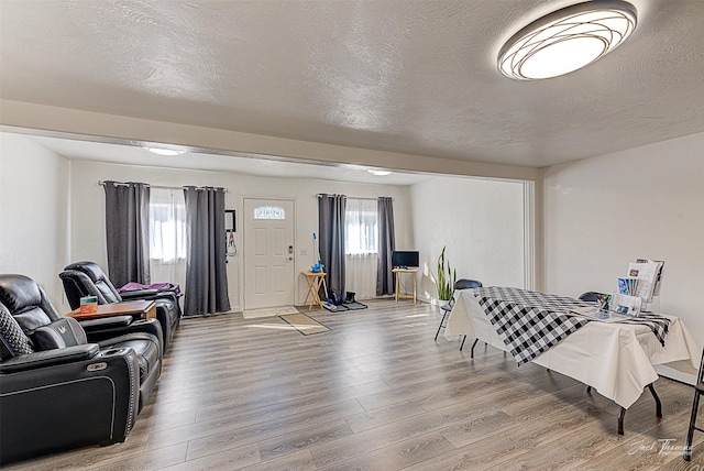 living room with a textured ceiling and wood finished floors