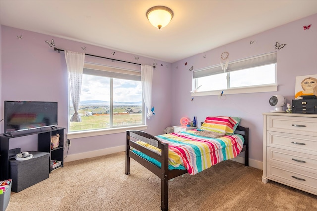 bedroom with light carpet