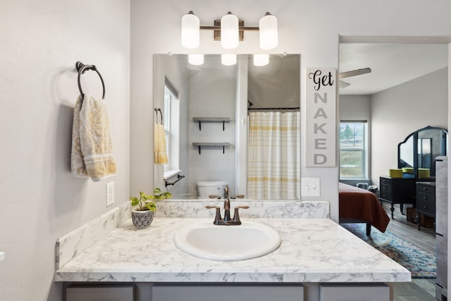 bathroom featuring vanity, hardwood / wood-style floors, walk in shower, and toilet