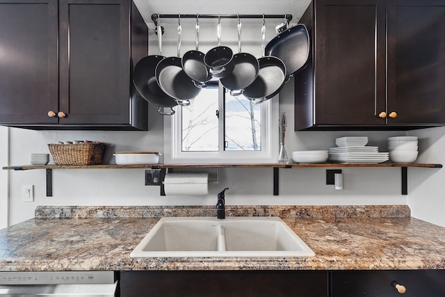 kitchen featuring sink, stainless steel dishwasher, dark brown cabinetry, and dark stone counters