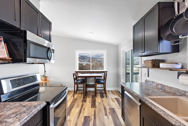 kitchen featuring lofted ceiling, dark brown cabinetry, stainless steel appliances, a textured ceiling, and light wood-type flooring