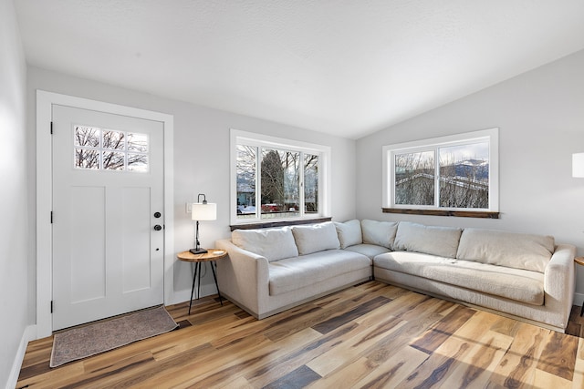 living room featuring light hardwood / wood-style flooring, a wealth of natural light, and vaulted ceiling