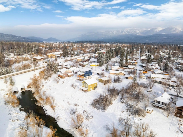 snowy aerial view featuring a mountain view