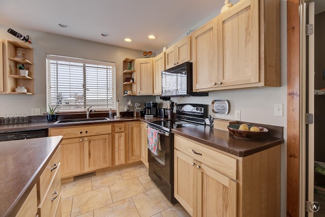 kitchen featuring sink, light tile patterned floors, black appliances, and light brown cabinets