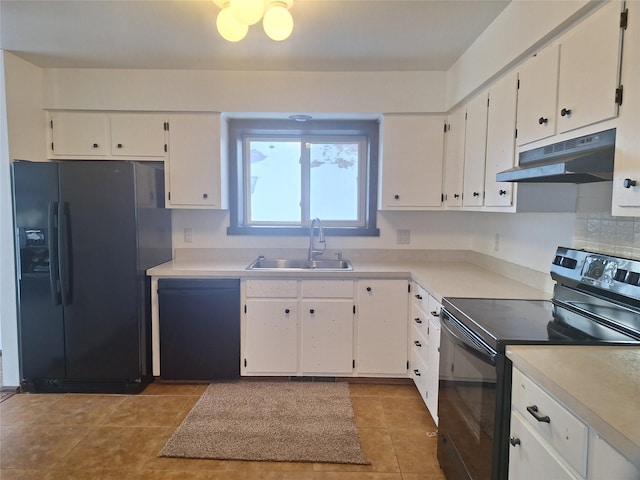 kitchen with black appliances, a sink, light countertops, and under cabinet range hood